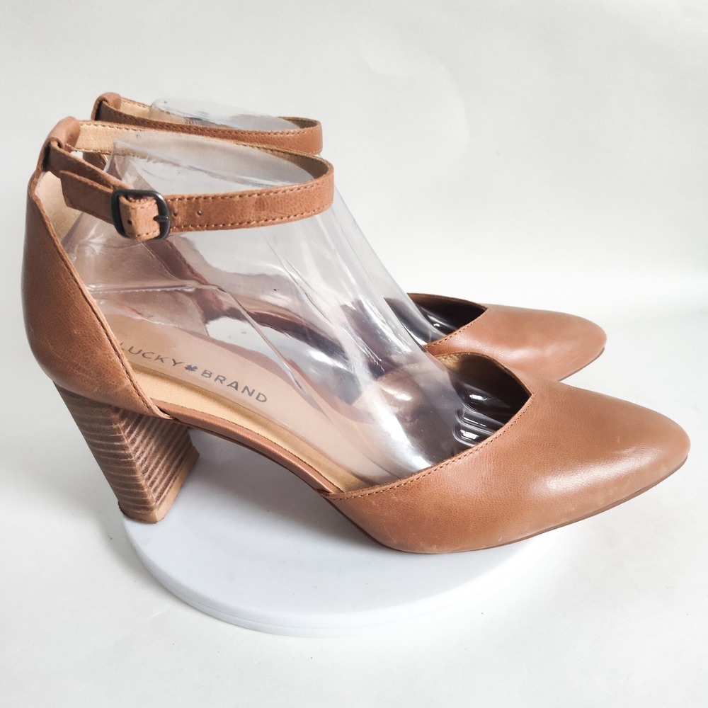 Lucky Brand Pumps 10 Block Heels Ankle Strap V-Cut Camel Tan Leather D'Orsay